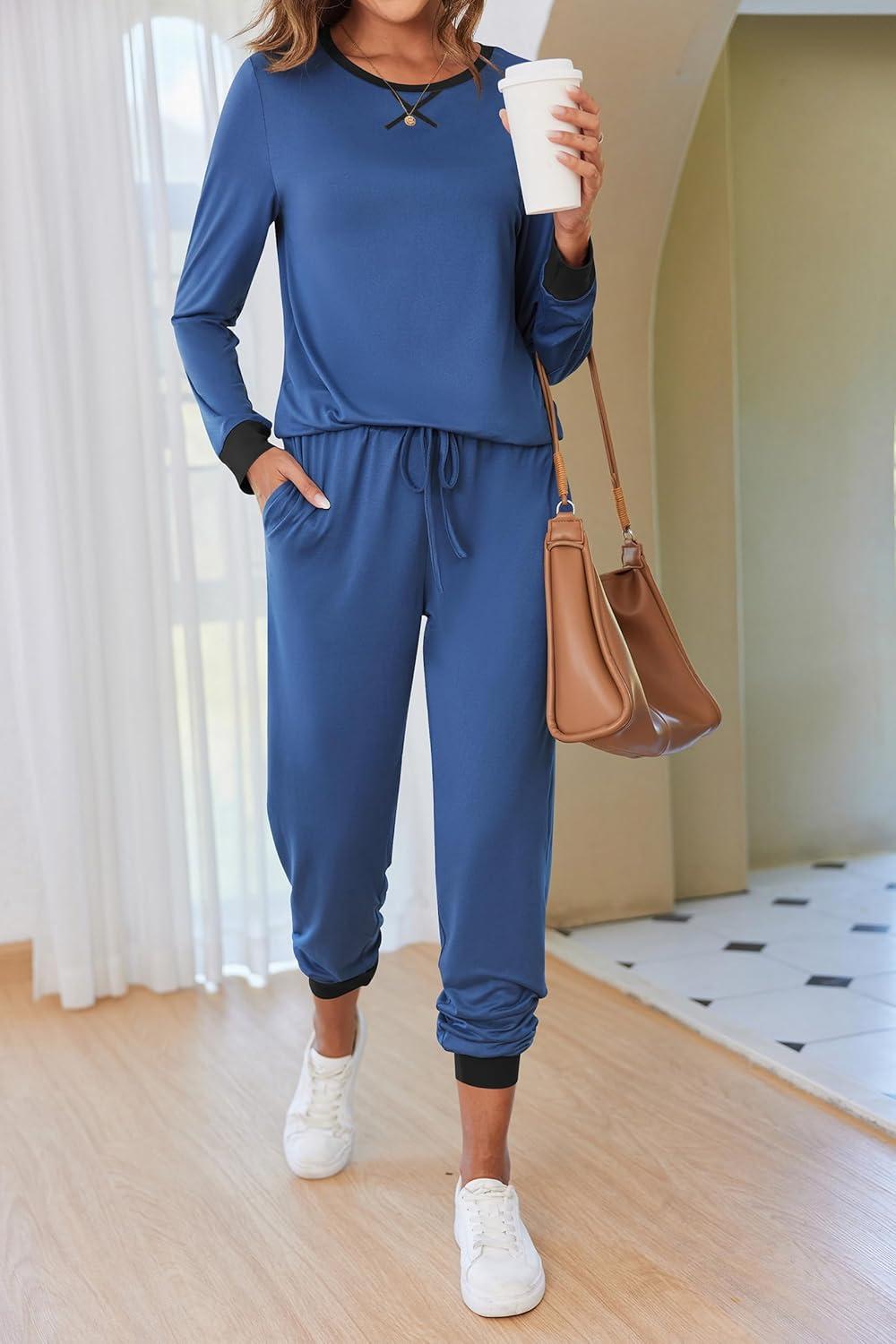 imageEkouaer Pajamas For Women Comfy Long Sleeve Jogger Set Lounge Pjs Set With PocketsBlue