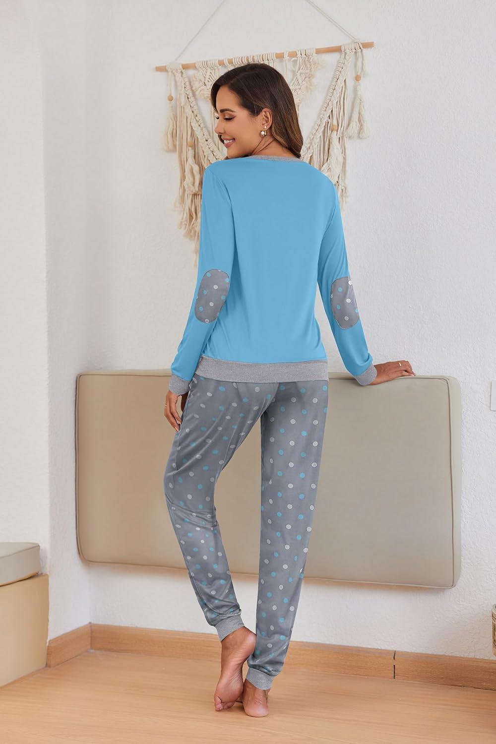 imageEkouaer Pajamas For Women Comfy Long Sleeve Jogger Set Lounge Pjs Set With PocketsBlue Polka Dots