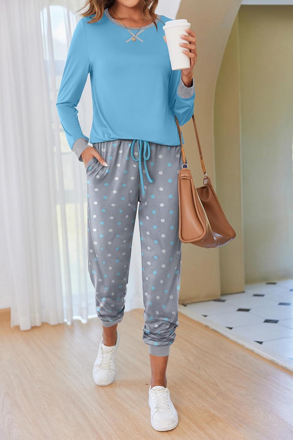imageEkouaer Pajamas For Women Comfy Long Sleeve Jogger Set Lounge Pjs Set With PocketsBlue Polka Dots