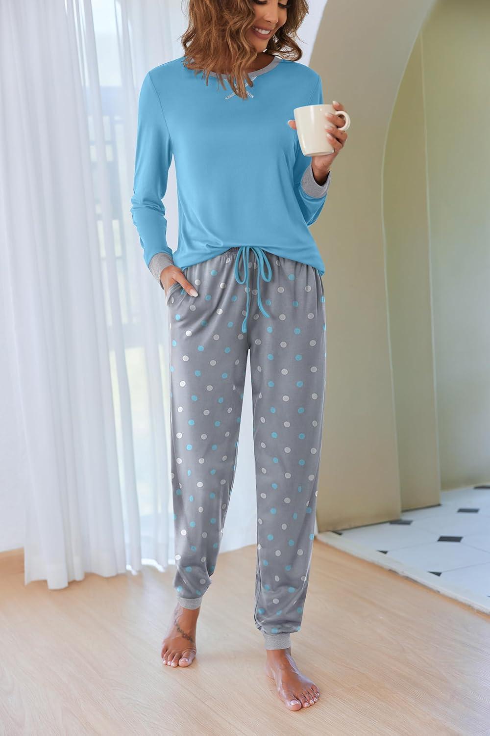 imageEkouaer Pajamas For Women Comfy Long Sleeve Jogger Set Lounge Pjs Set With PocketsBlue Polka Dots