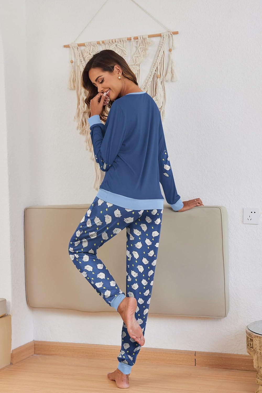imageEkouaer Pajamas For Women Comfy Long Sleeve Jogger Set Lounge Pjs Set With PocketsBlue Sheep