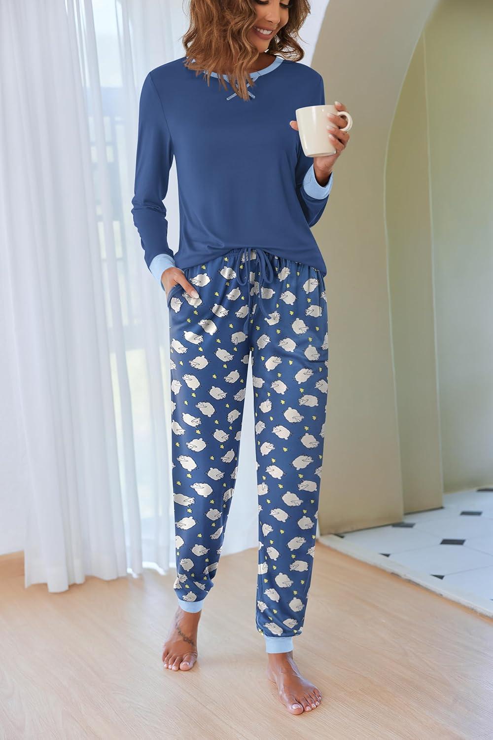 imageEkouaer Pajamas For Women Comfy Long Sleeve Jogger Set Lounge Pjs Set With PocketsBlue Sheep
