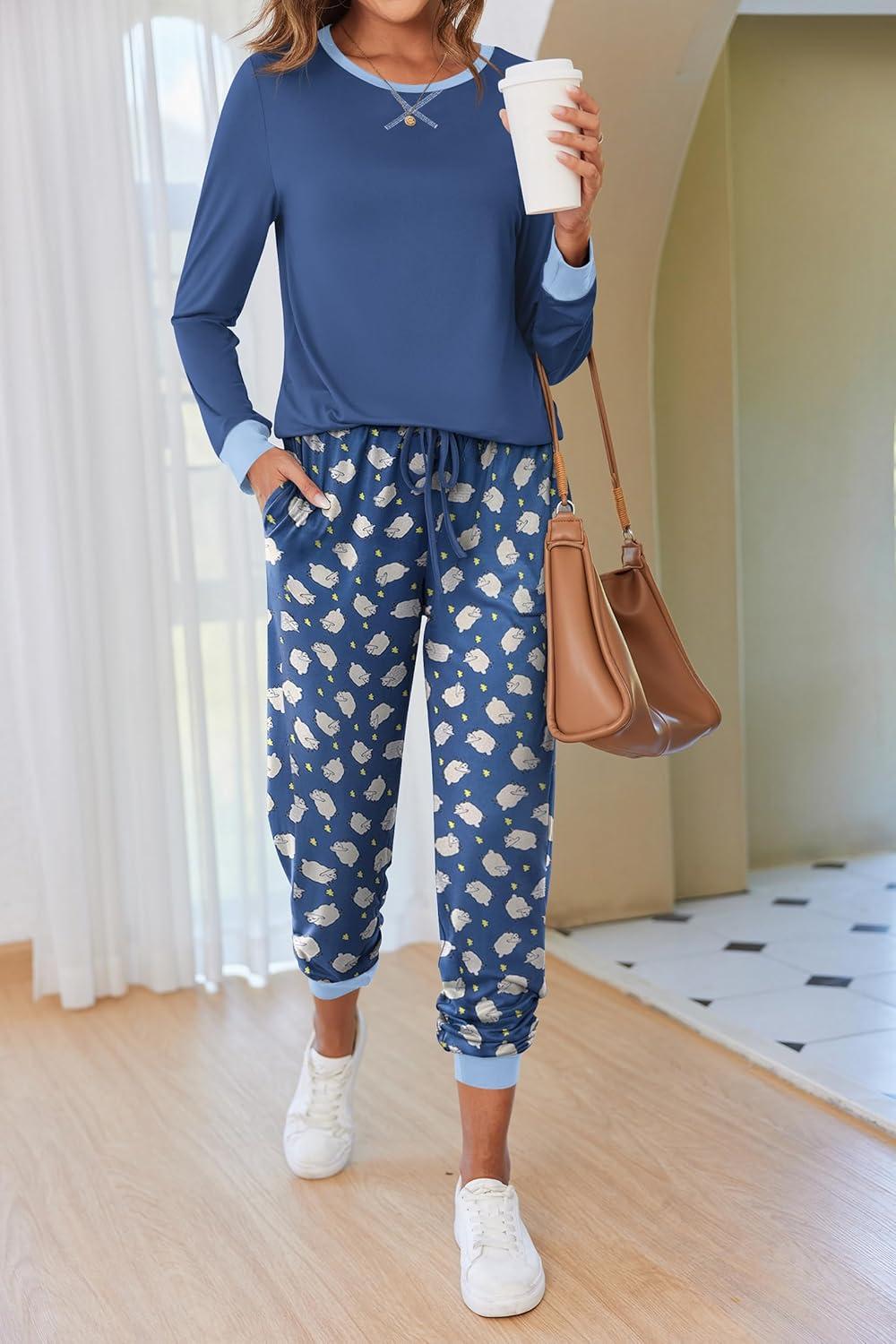 imageEkouaer Pajamas For Women Comfy Long Sleeve Jogger Set Lounge Pjs Set With PocketsBlue Sheep