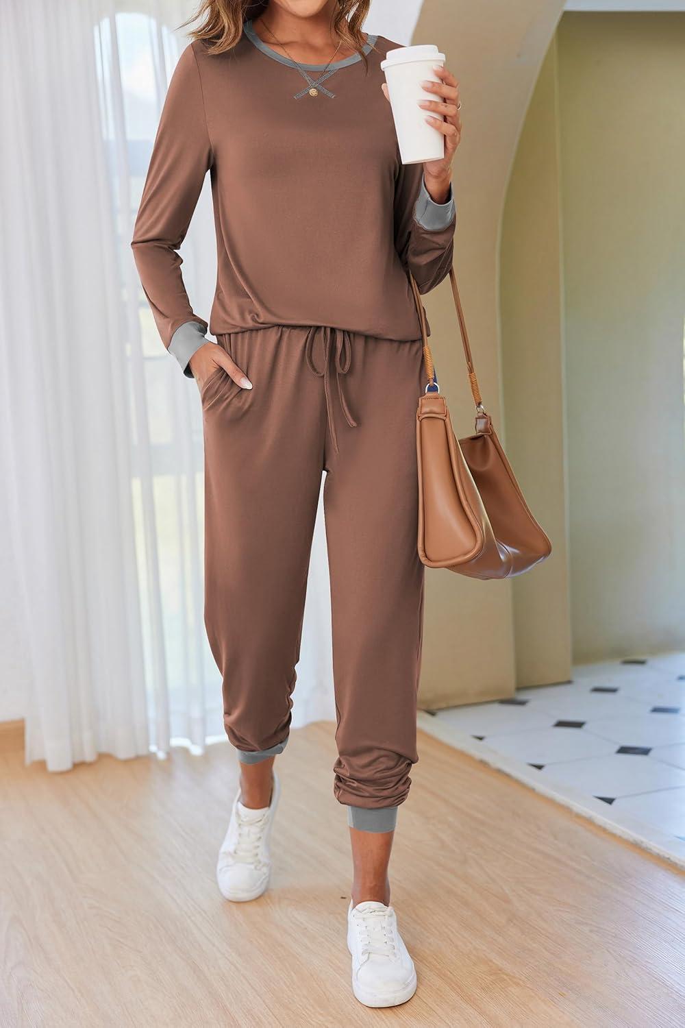 imageEkouaer Pajamas For Women Comfy Long Sleeve Jogger Set Lounge Pjs Set With PocketsBrown