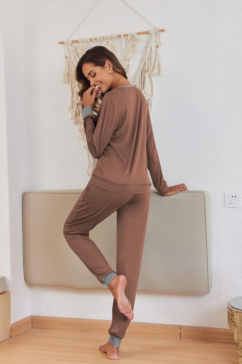 imageEkouaer Pajamas For Women Comfy Long Sleeve Jogger Set Lounge Pjs Set With PocketsBrown