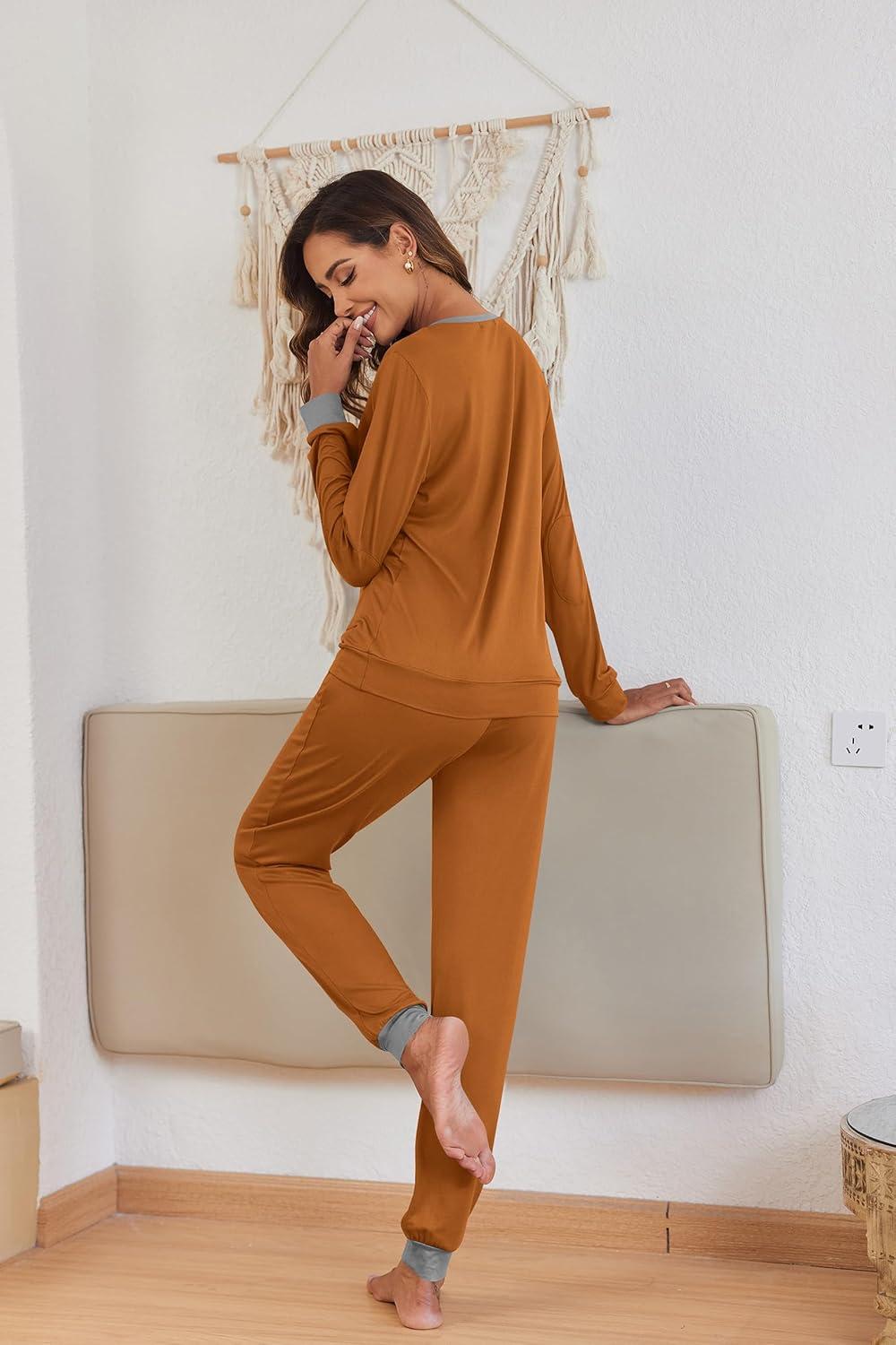 imageEkouaer Pajamas For Women Comfy Long Sleeve Jogger Set Lounge Pjs Set With PocketsBrown