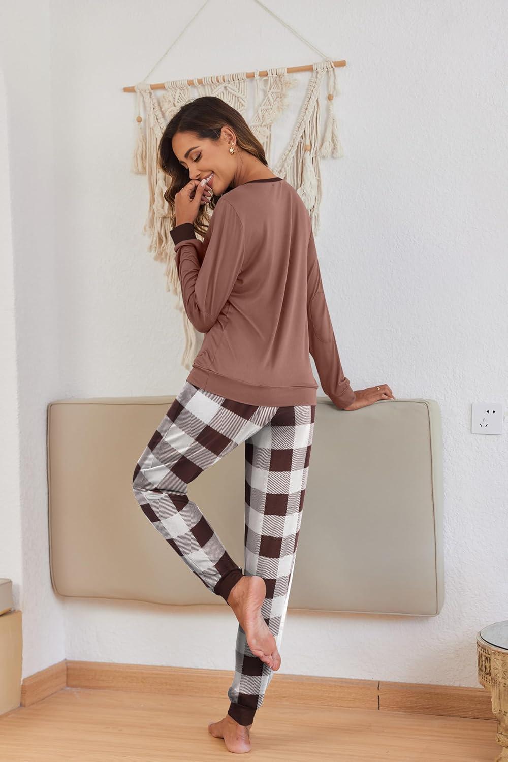 imageEkouaer Pajamas For Women Comfy Long Sleeve Jogger Set Lounge Pjs Set With PocketsBrown Plaid