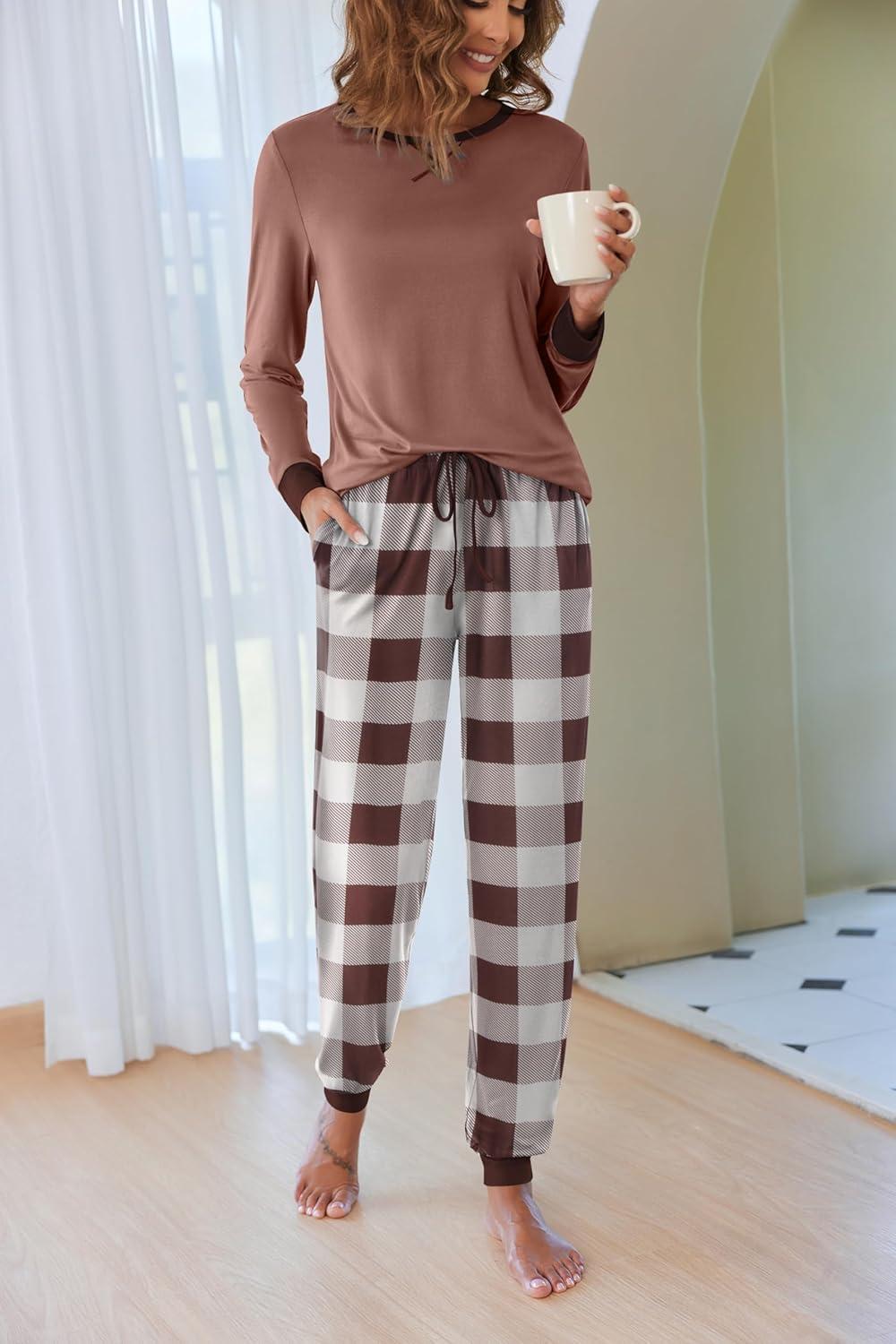 imageEkouaer Pajamas For Women Comfy Long Sleeve Jogger Set Lounge Pjs Set With PocketsBrown Plaid