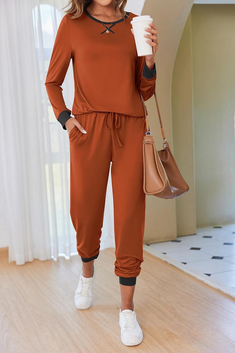 imageEkouaer Pajamas For Women Comfy Long Sleeve Jogger Set Lounge Pjs Set With PocketsCaramel