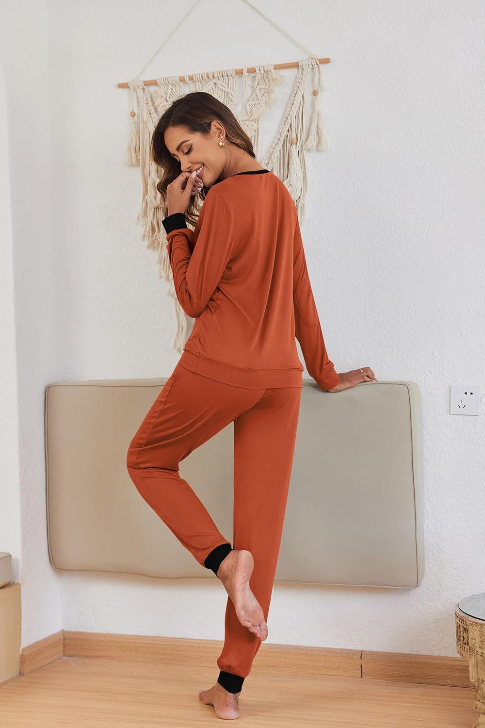 imageEkouaer Pajamas For Women Comfy Long Sleeve Jogger Set Lounge Pjs Set With PocketsCaramel