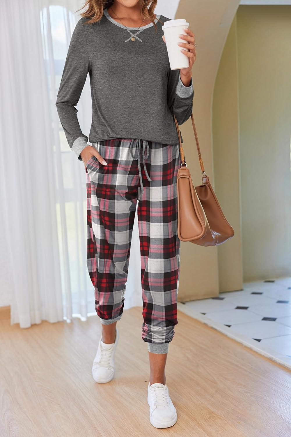 imageEkouaer Pajamas For Women Comfy Long Sleeve Jogger Set Lounge Pjs Set With PocketsClassic Grey Plaid
