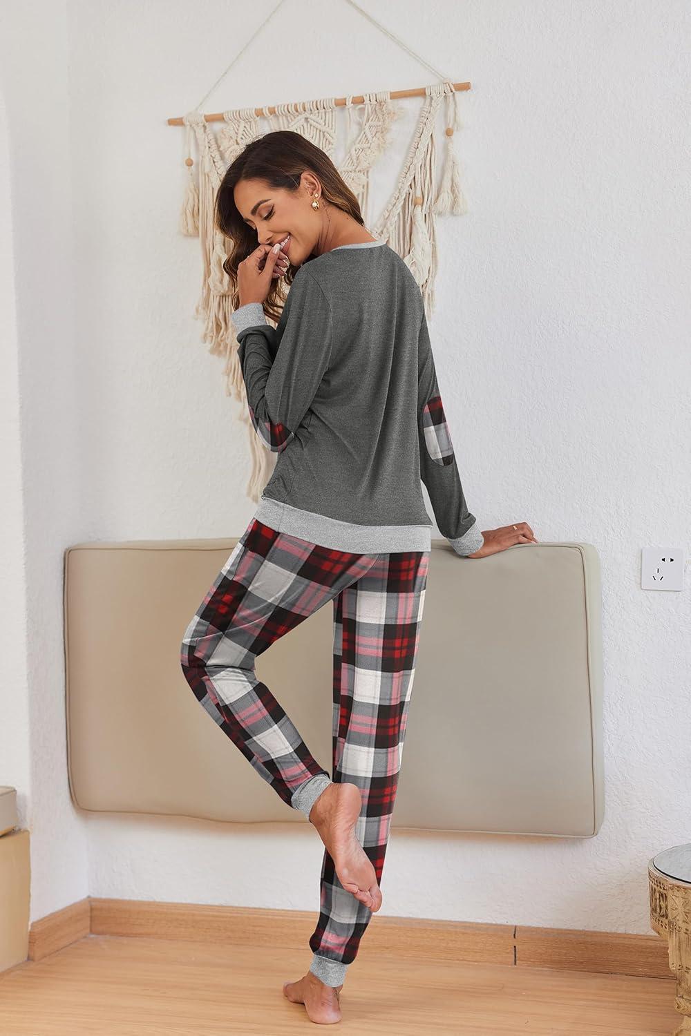 imageEkouaer Pajamas For Women Comfy Long Sleeve Jogger Set Lounge Pjs Set With PocketsClassic Grey Plaid