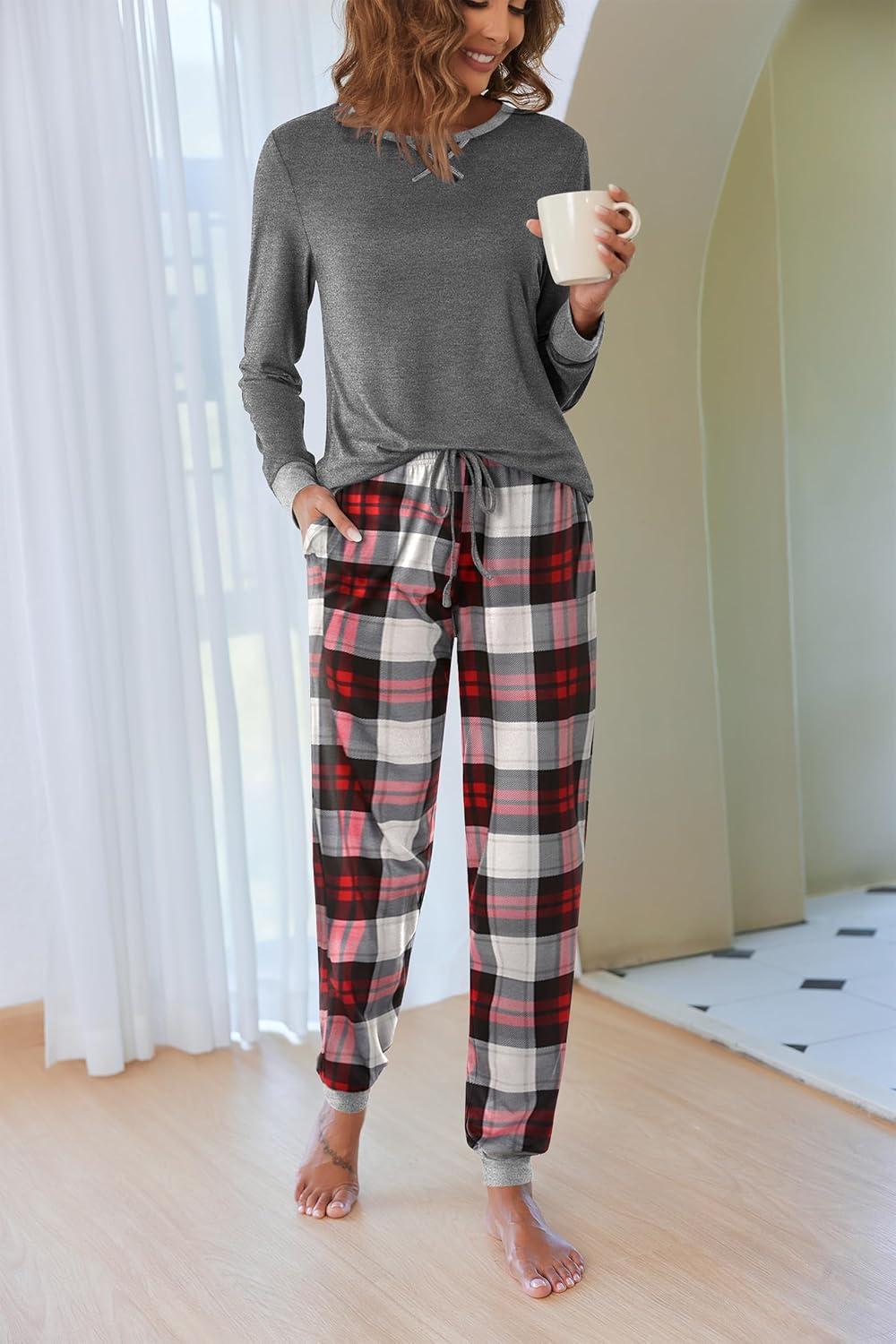 imageEkouaer Pajamas For Women Comfy Long Sleeve Jogger Set Lounge Pjs Set With PocketsClassic Grey Plaid