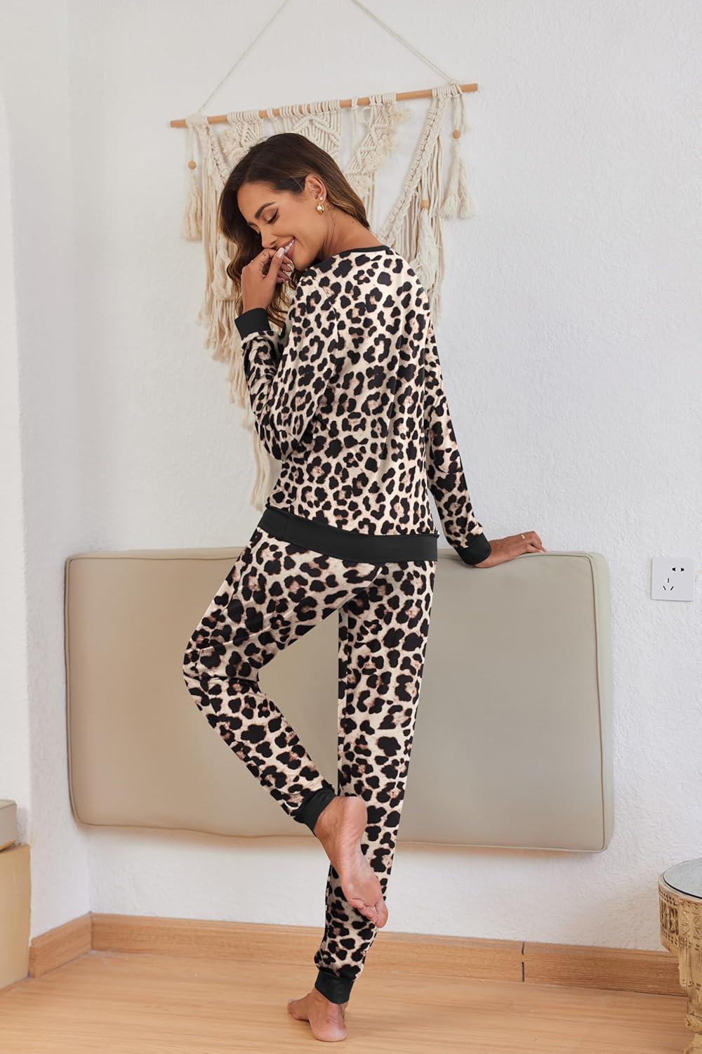 imageEkouaer Pajamas For Women Comfy Long Sleeve Jogger Set Lounge Pjs Set With PocketsClassic Leopard