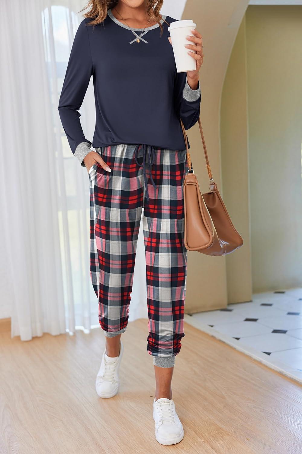 imageEkouaer Pajamas For Women Comfy Long Sleeve Jogger Set Lounge Pjs Set With PocketsClassic Navy Plaid