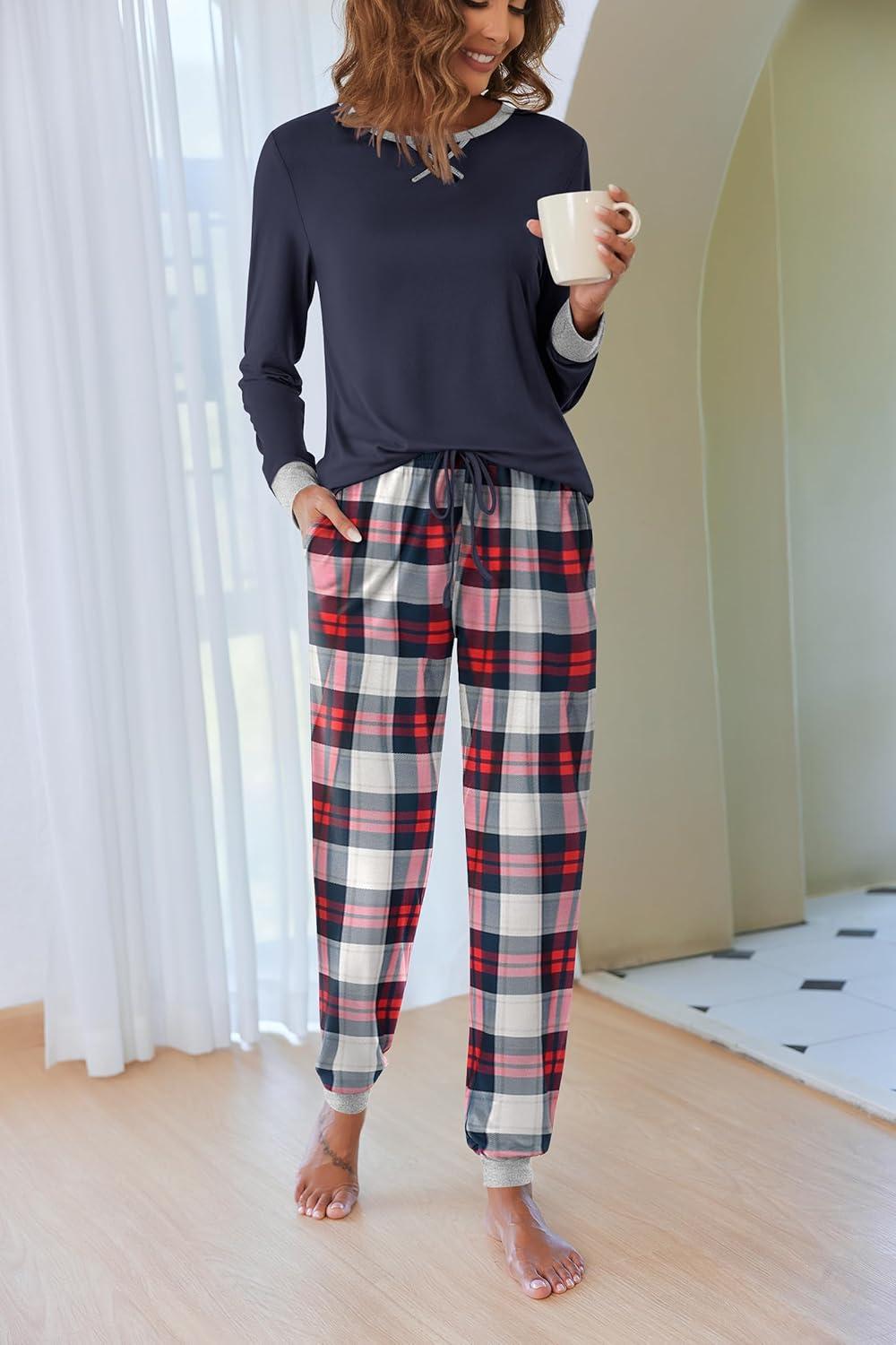 imageEkouaer Pajamas For Women Comfy Long Sleeve Jogger Set Lounge Pjs Set With PocketsClassic Navy Plaid