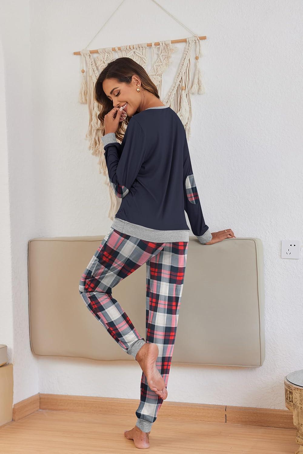 imageEkouaer Pajamas For Women Comfy Long Sleeve Jogger Set Lounge Pjs Set With PocketsClassic Navy Plaid