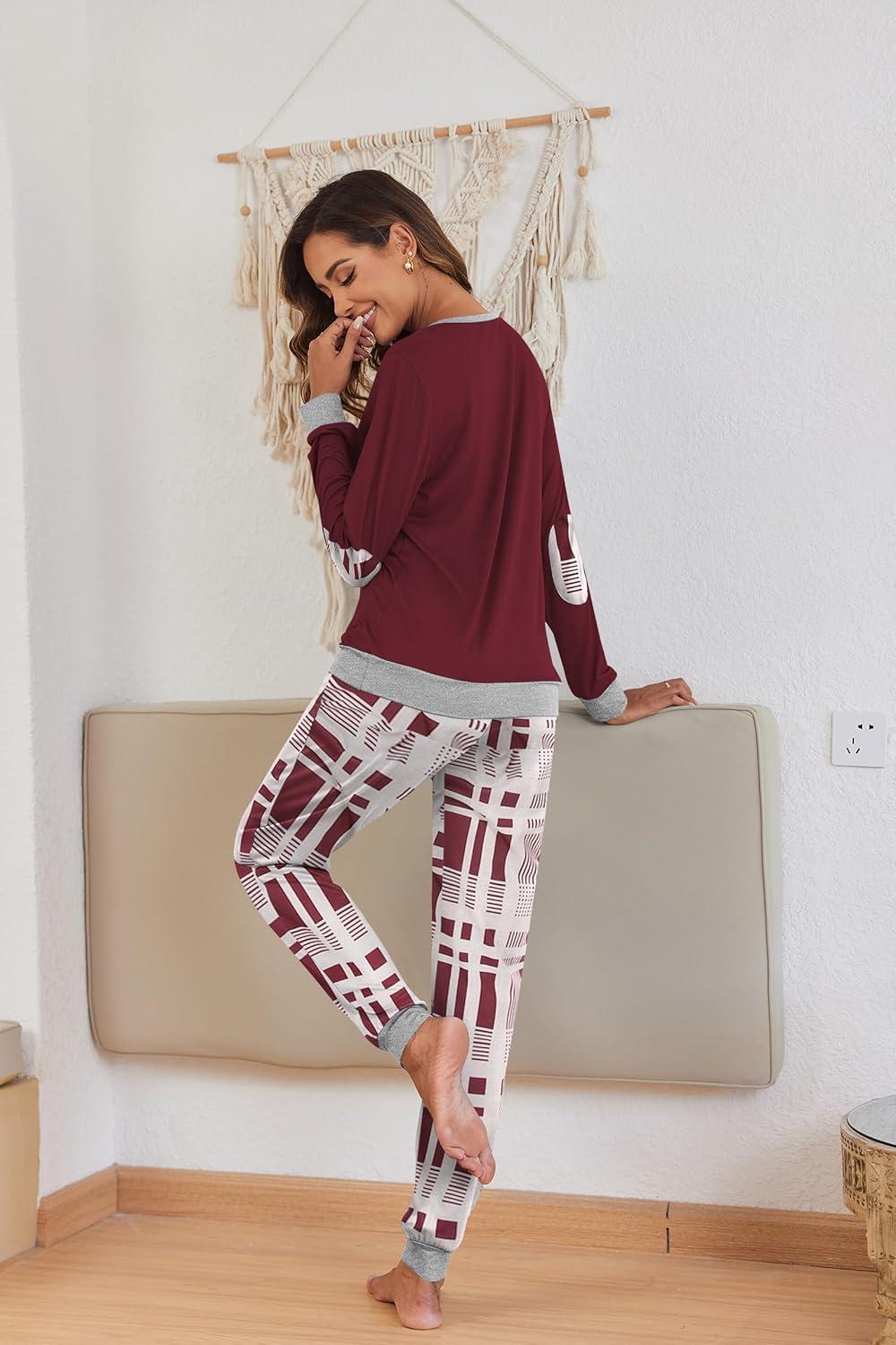 imageEkouaer Pajamas For Women Comfy Long Sleeve Jogger Set Lounge Pjs Set With PocketsClassic Wind Plaid