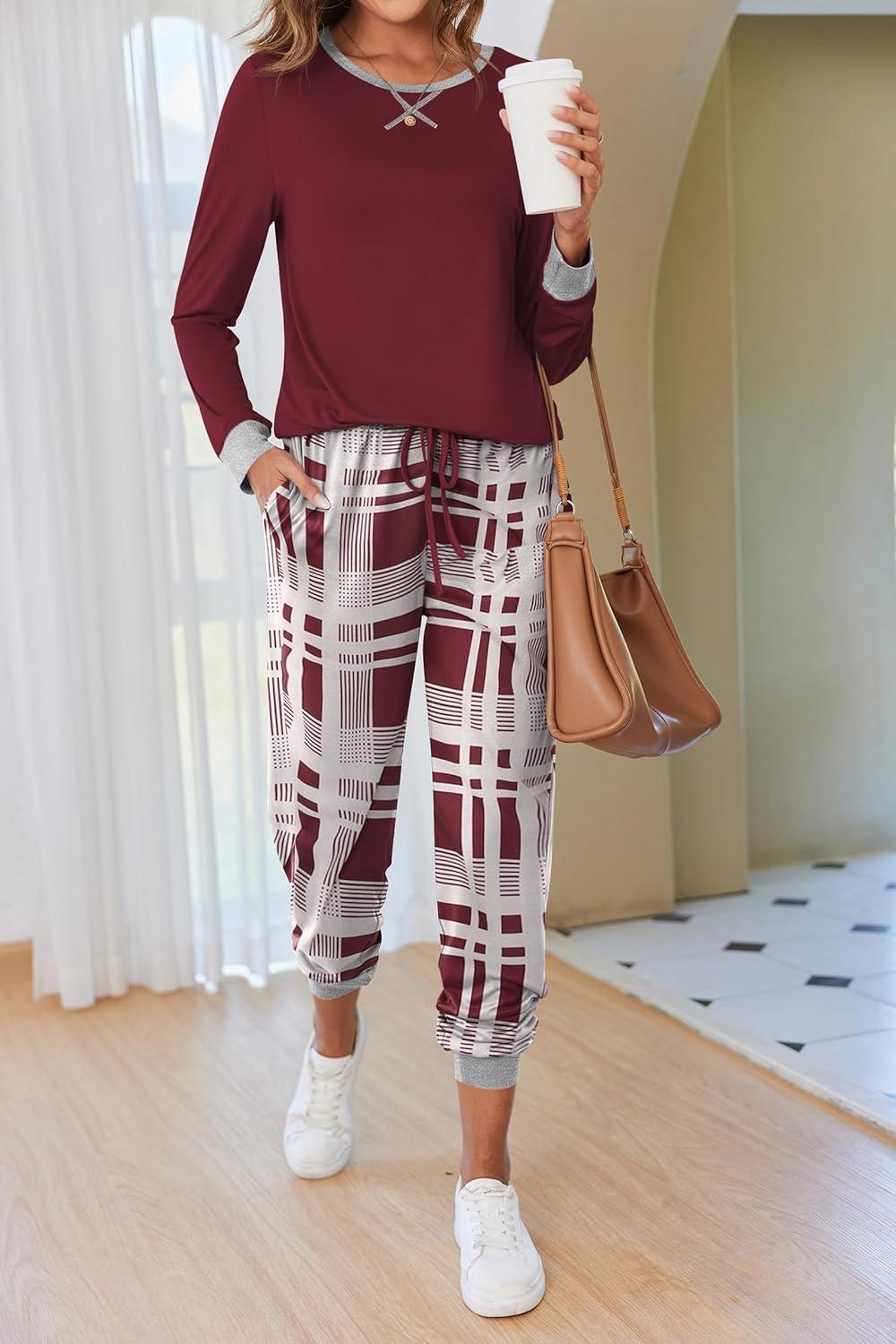 imageEkouaer Pajamas For Women Comfy Long Sleeve Jogger Set Lounge Pjs Set With PocketsClassic Wind Plaid