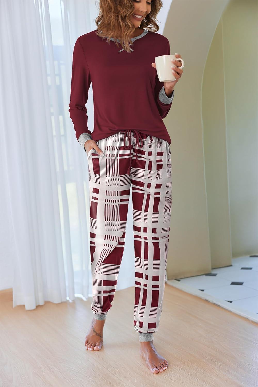 imageEkouaer Pajamas For Women Comfy Long Sleeve Jogger Set Lounge Pjs Set With PocketsClassic Wind Plaid