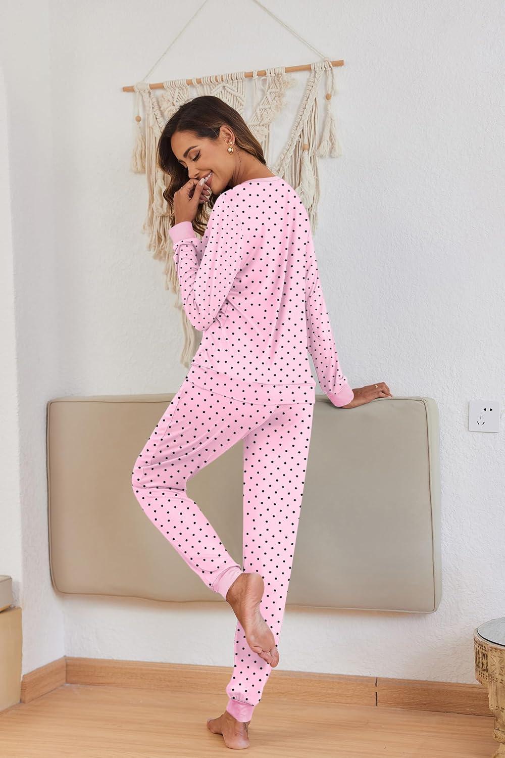 imageEkouaer Pajamas For Women Comfy Long Sleeve Jogger Set Lounge Pjs Set With PocketsCute Pink Polka Dots