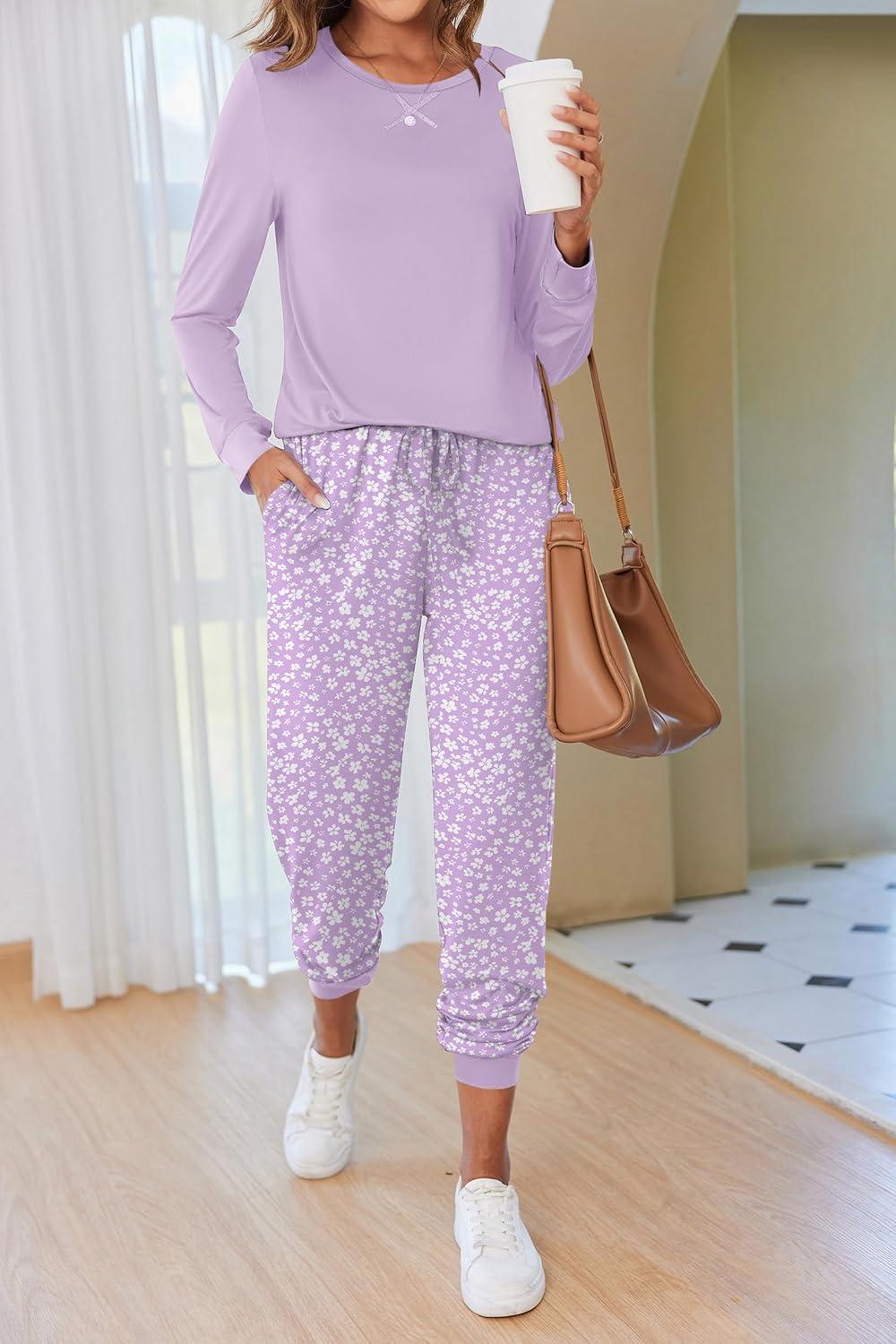 imageEkouaer Pajamas For Women Comfy Long Sleeve Jogger Set Lounge Pjs Set With PocketsFloral Pink Purple