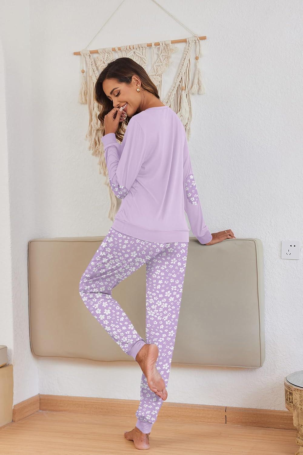 imageEkouaer Pajamas For Women Comfy Long Sleeve Jogger Set Lounge Pjs Set With PocketsFloral Pink Purple