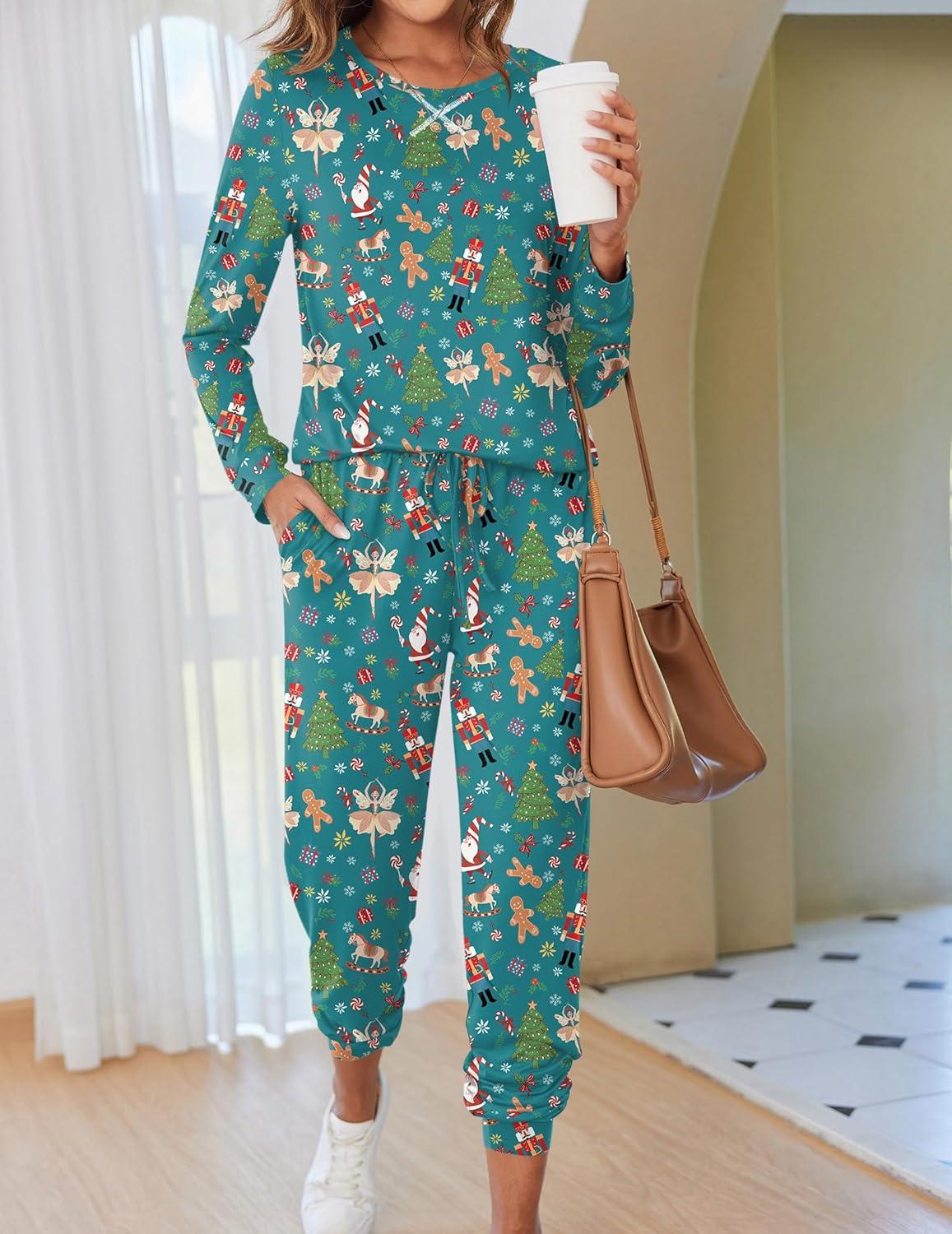 imageEkouaer Pajamas For Women Comfy Long Sleeve Jogger Set Lounge Pjs Set With PocketsGreen Christmas