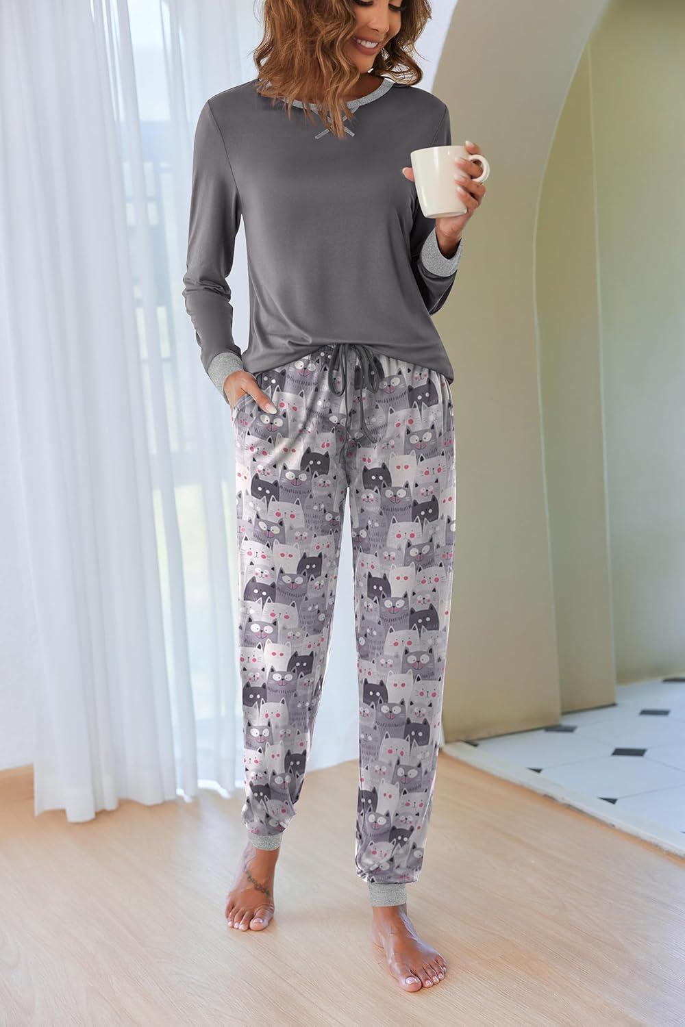 imageEkouaer Pajamas For Women Comfy Long Sleeve Jogger Set Lounge Pjs Set With PocketsGrey Cat