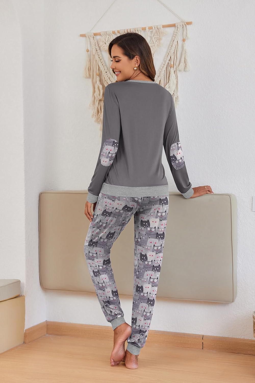 imageEkouaer Pajamas For Women Comfy Long Sleeve Jogger Set Lounge Pjs Set With PocketsGrey Cat