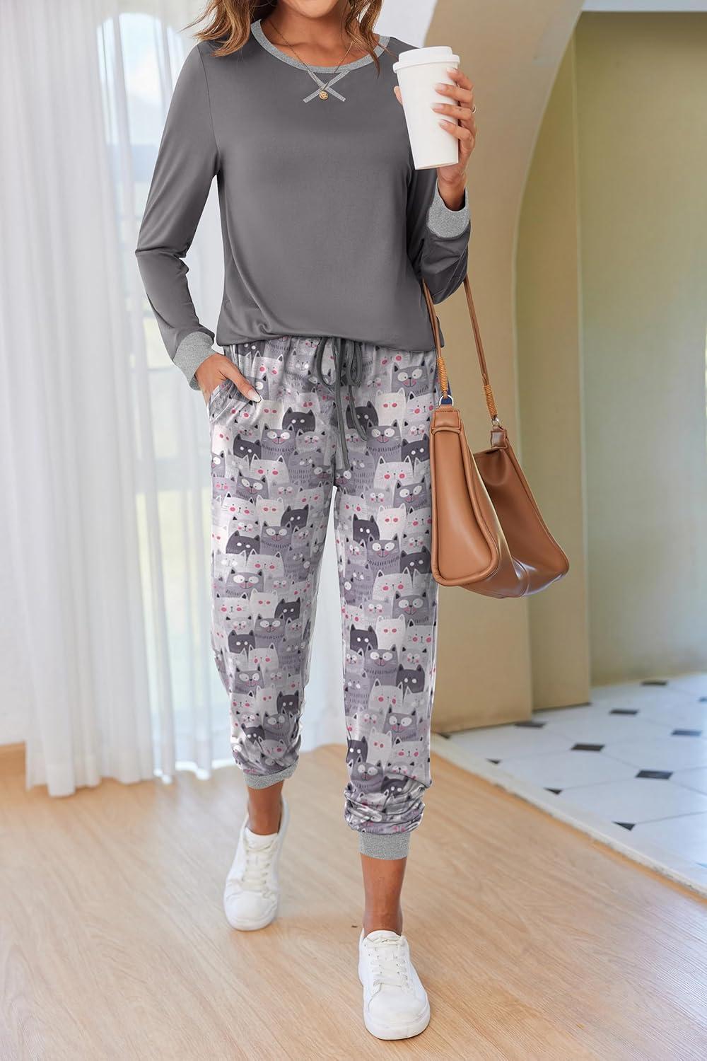 imageEkouaer Pajamas For Women Comfy Long Sleeve Jogger Set Lounge Pjs Set With PocketsGrey Cat