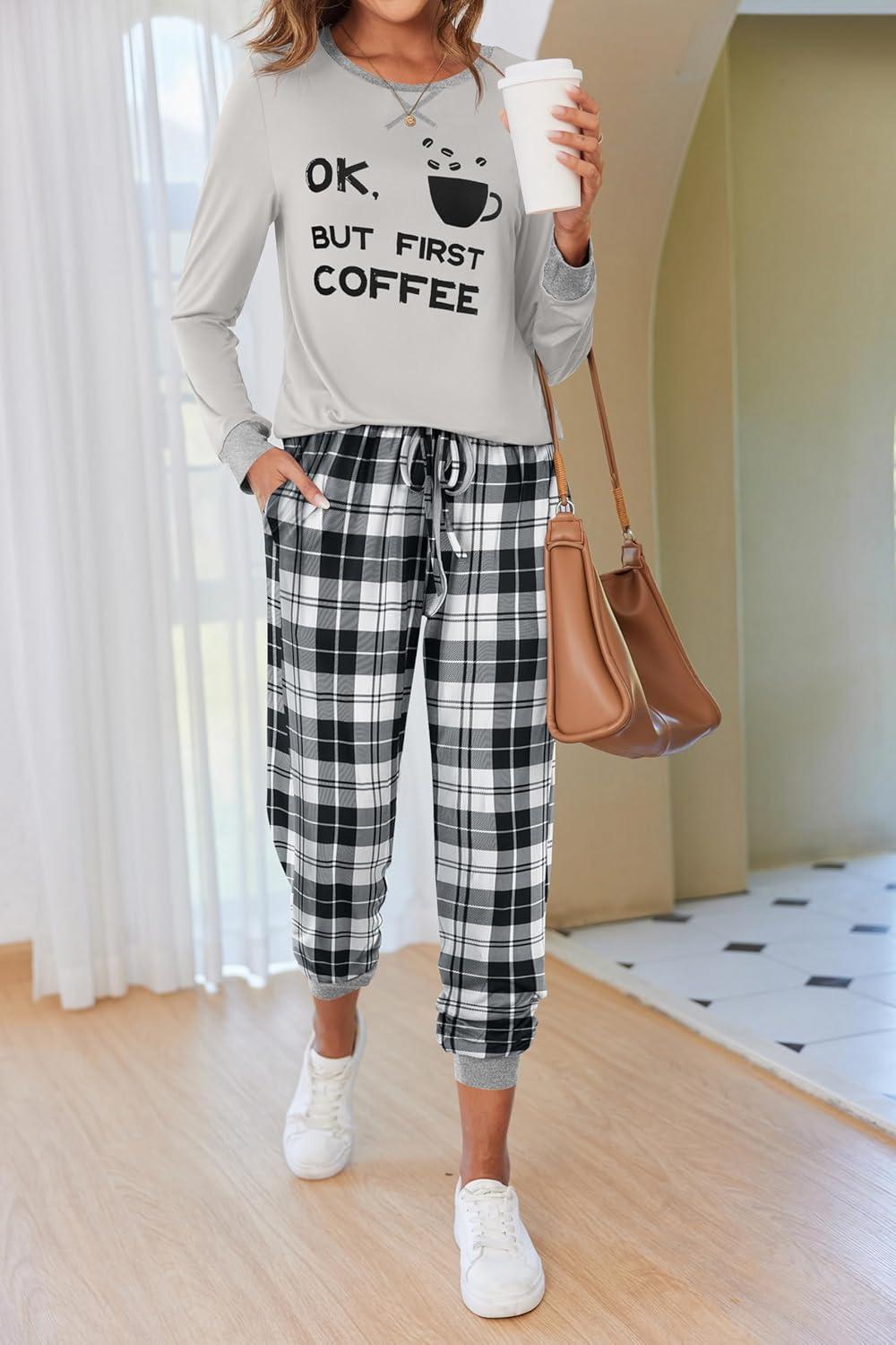 imageEkouaer Pajamas For Women Comfy Long Sleeve Jogger Set Lounge Pjs Set With PocketsGrey Plaid