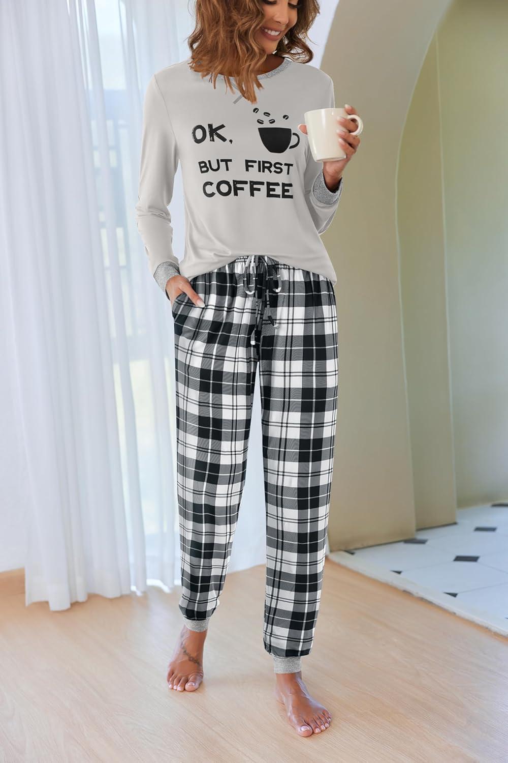 imageEkouaer Pajamas For Women Comfy Long Sleeve Jogger Set Lounge Pjs Set With PocketsGrey Plaid