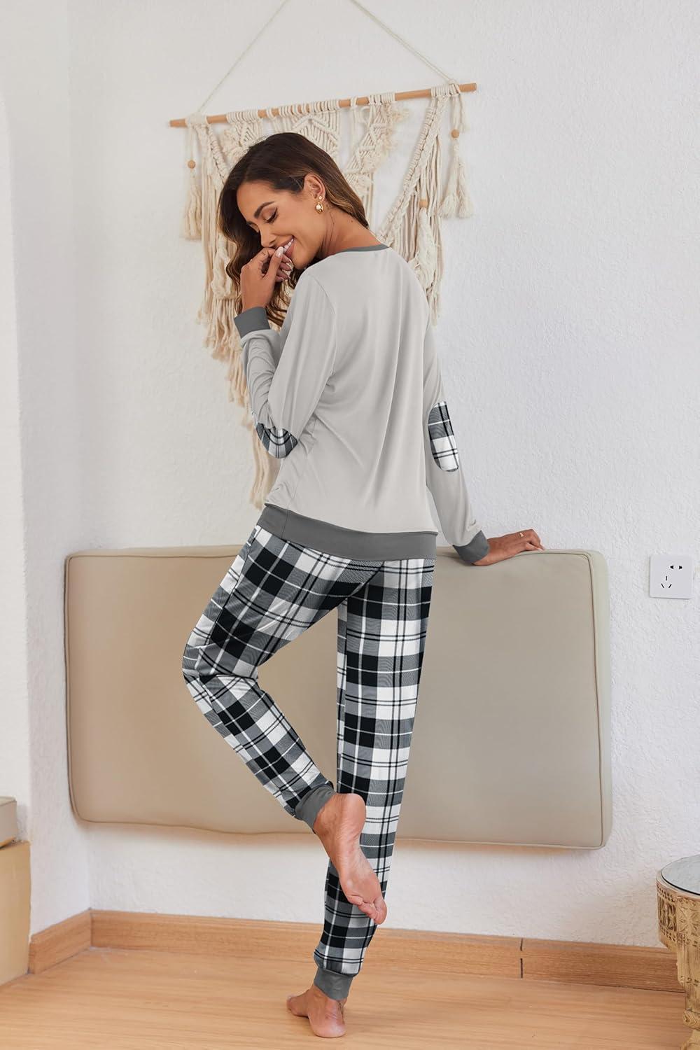 imageEkouaer Pajamas For Women Comfy Long Sleeve Jogger Set Lounge Pjs Set With PocketsGrey Plaid