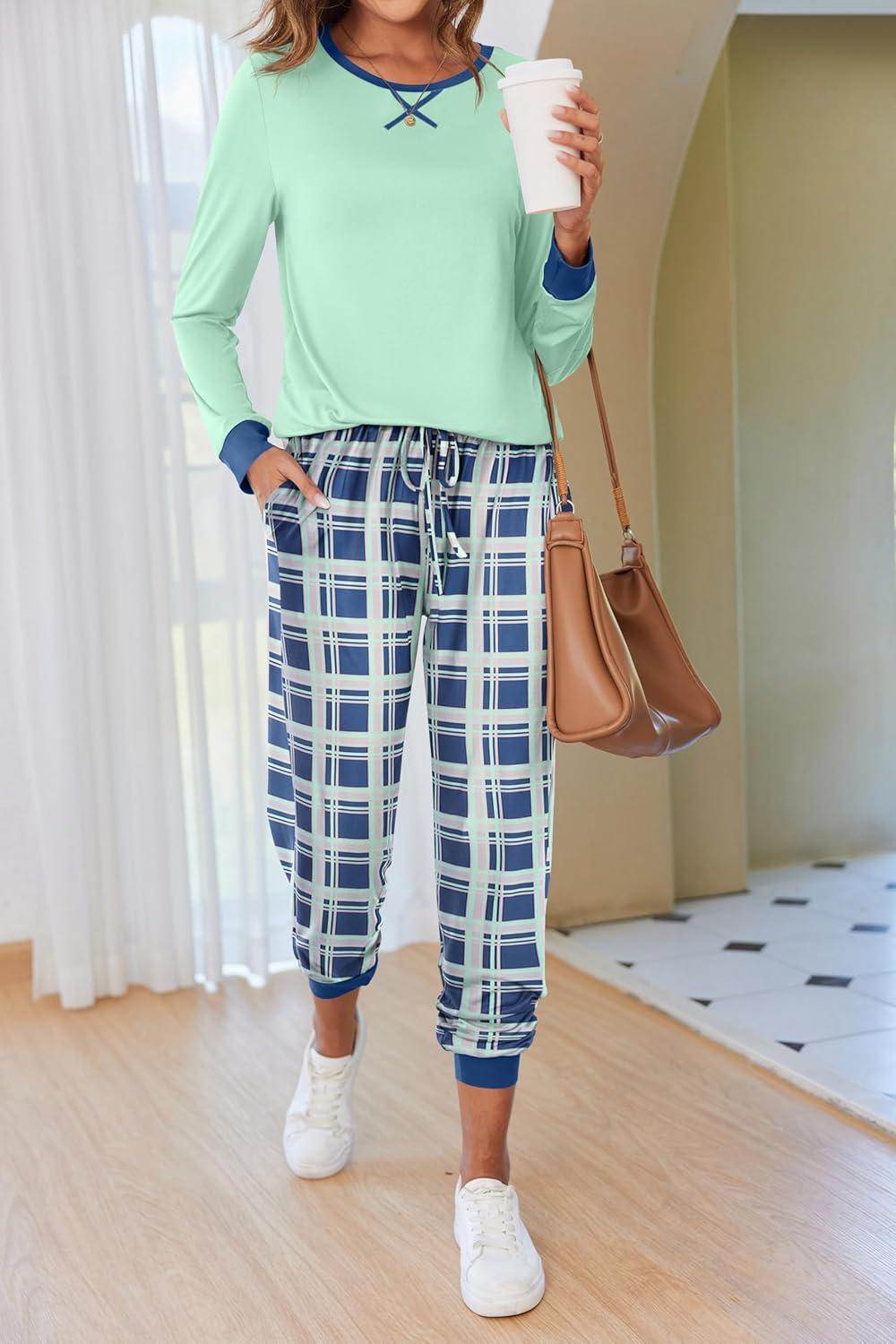 imageEkouaer Pajamas For Women Comfy Long Sleeve Jogger Set Lounge Pjs Set With PocketsIce Green Plaid