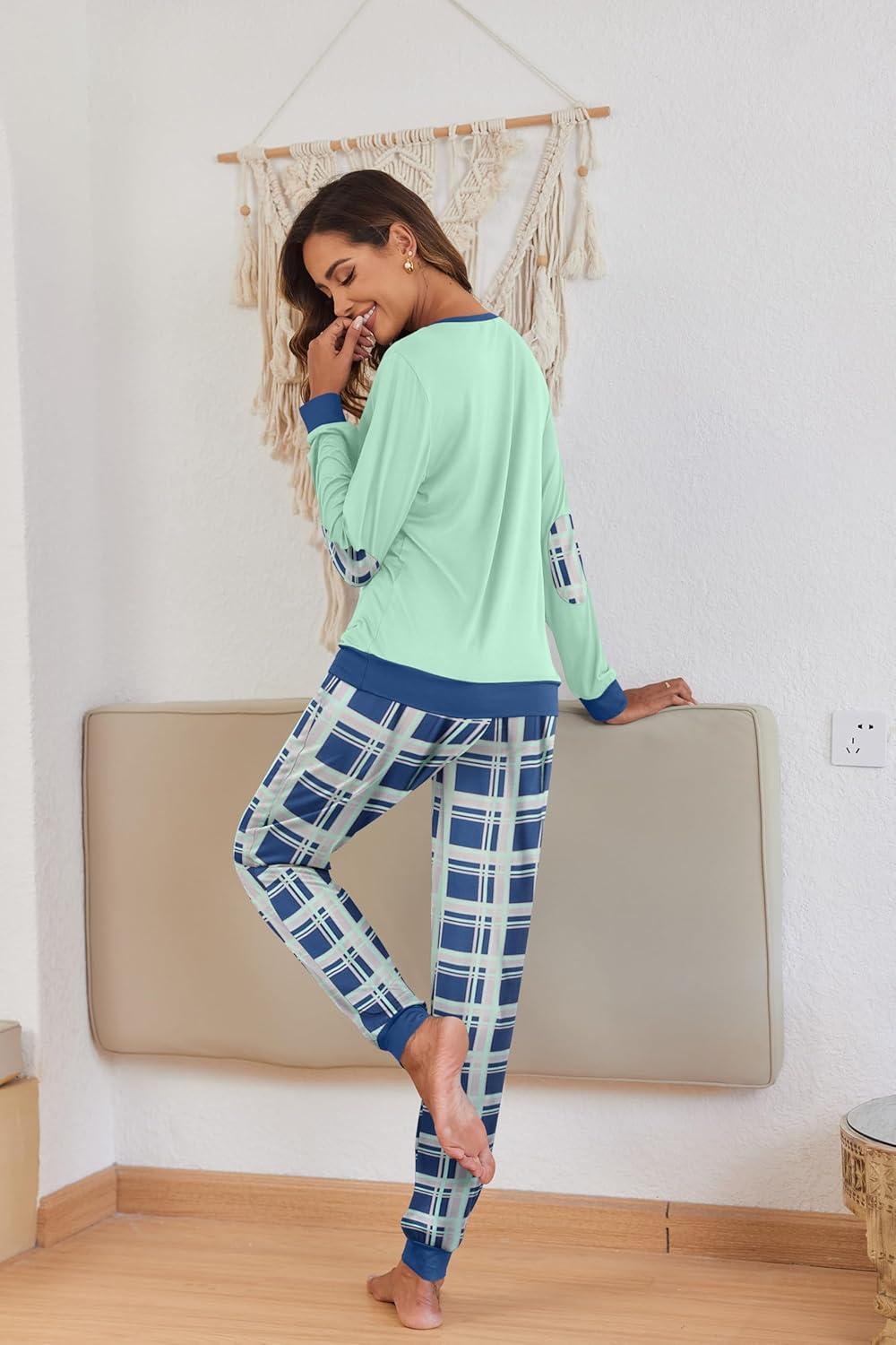 imageEkouaer Pajamas For Women Comfy Long Sleeve Jogger Set Lounge Pjs Set With PocketsIce Green Plaid