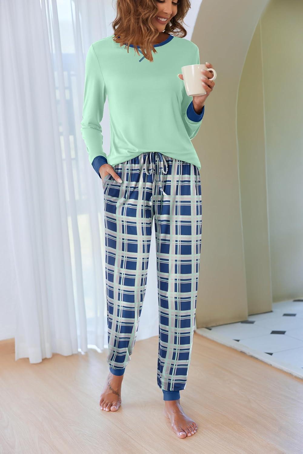 imageEkouaer Pajamas For Women Comfy Long Sleeve Jogger Set Lounge Pjs Set With PocketsIce Green Plaid
