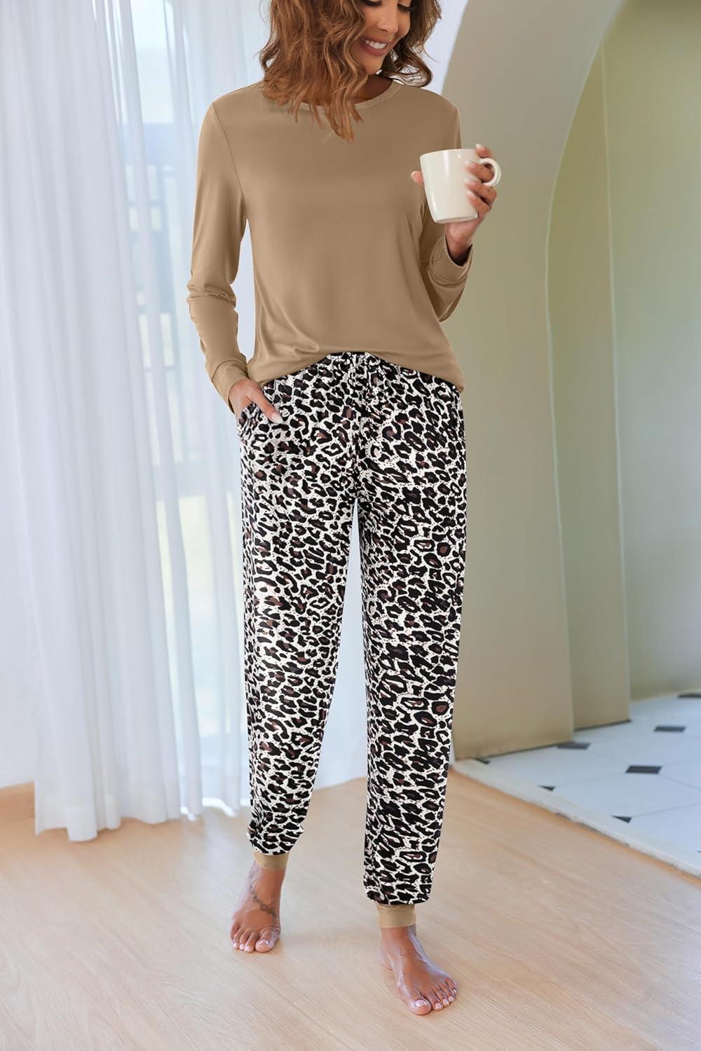 imageEkouaer Pajamas For Women Comfy Long Sleeve Jogger Set Lounge Pjs Set With PocketsLeopard Khaki