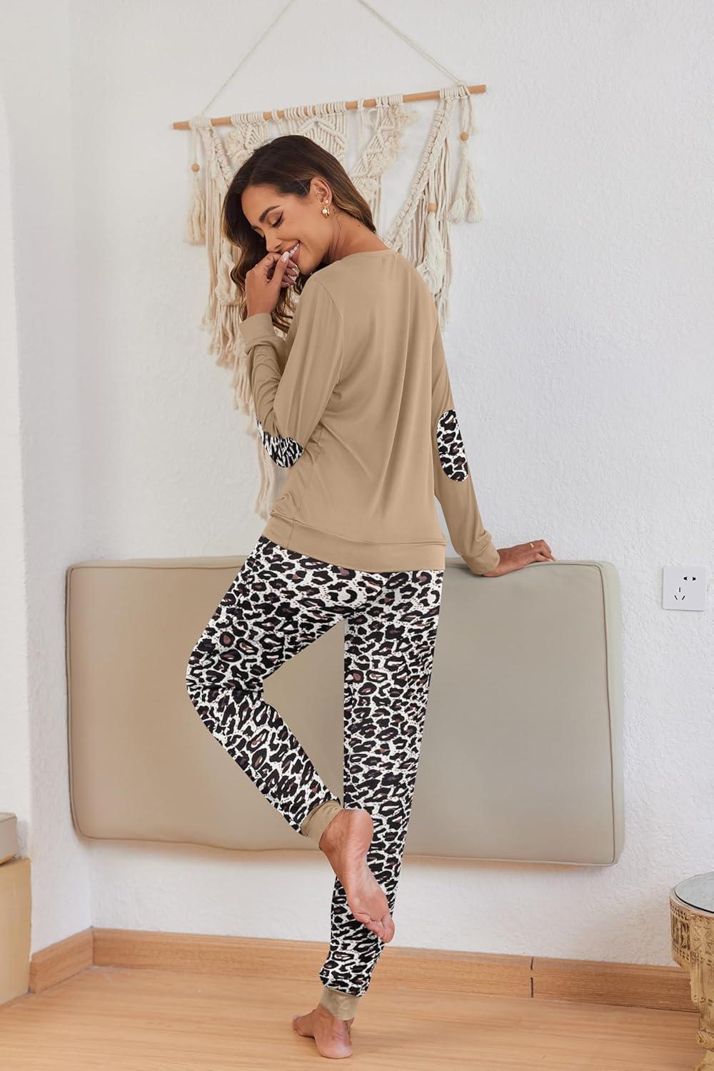 imageEkouaer Pajamas For Women Comfy Long Sleeve Jogger Set Lounge Pjs Set With PocketsLeopard Khaki