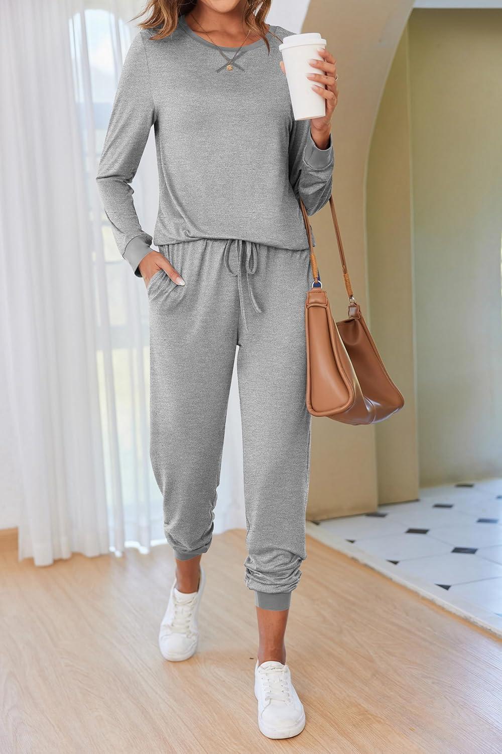 imageEkouaer Pajamas For Women Comfy Long Sleeve Jogger Set Lounge Pjs Set With PocketsLight Grey