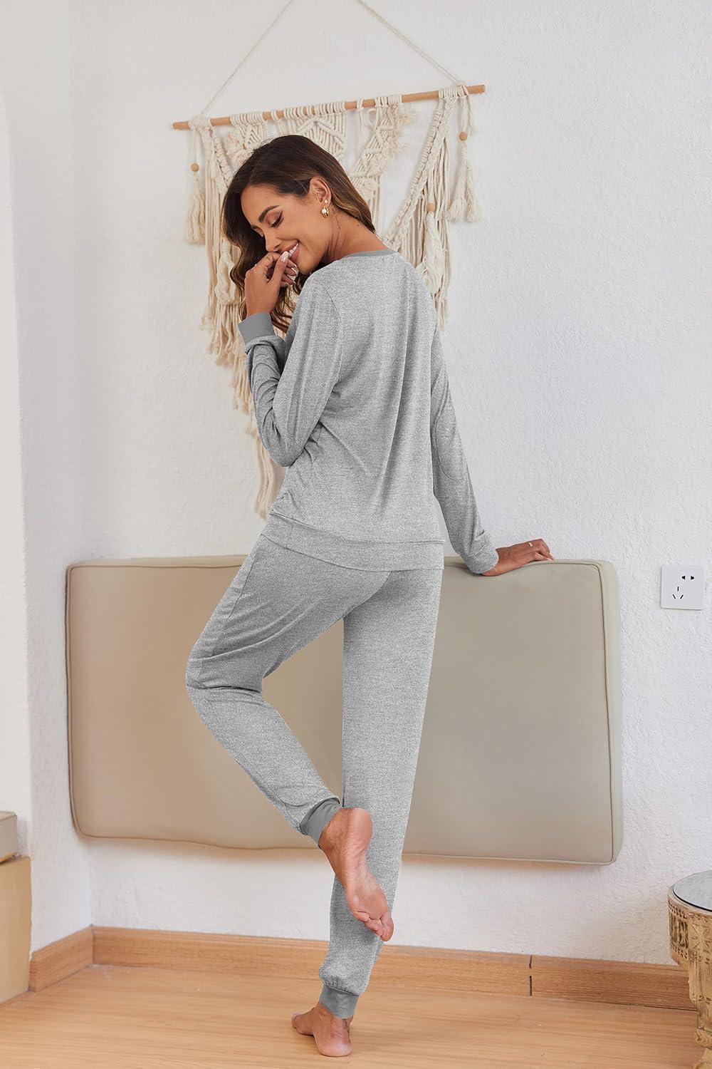 imageEkouaer Pajamas For Women Comfy Long Sleeve Jogger Set Lounge Pjs Set With PocketsLight Grey