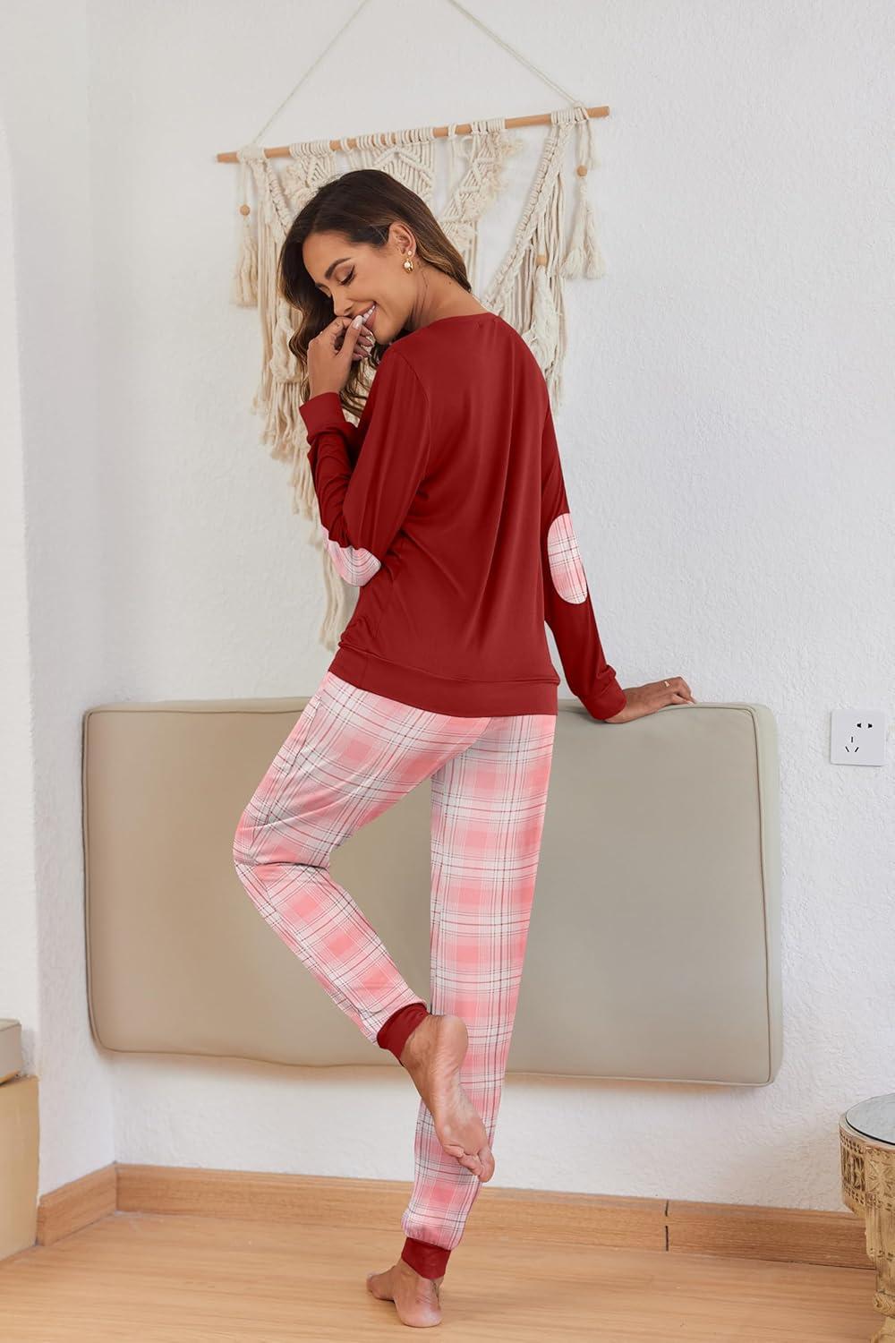 imageEkouaer Pajamas For Women Comfy Long Sleeve Jogger Set Lounge Pjs Set With PocketsLight Red Plaid