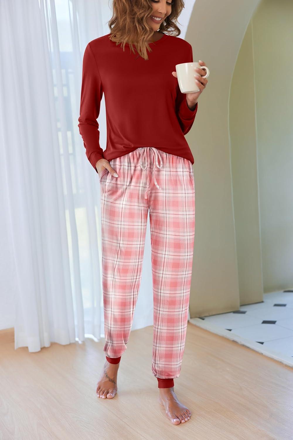 imageEkouaer Pajamas For Women Comfy Long Sleeve Jogger Set Lounge Pjs Set With PocketsLight Red Plaid
