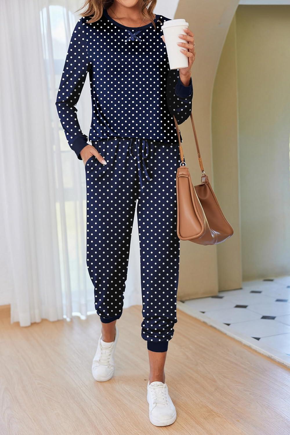 imageEkouaer Pajamas For Women Comfy Long Sleeve Jogger Set Lounge Pjs Set With PocketsNavy Polka Dots