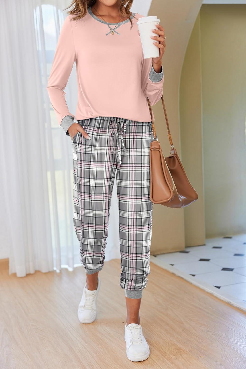 imageEkouaer Pajamas For Women Comfy Long Sleeve Jogger Set Lounge Pjs Set With PocketsPink Grey Plaid