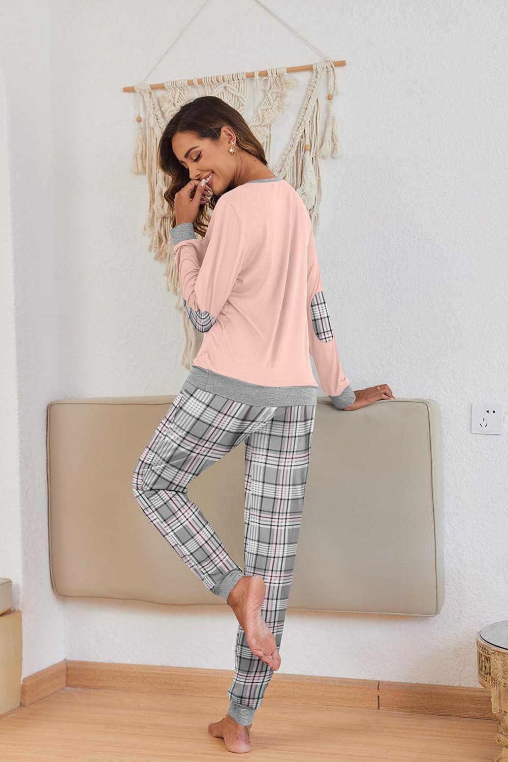 imageEkouaer Pajamas For Women Comfy Long Sleeve Jogger Set Lounge Pjs Set With PocketsPink Grey Plaid