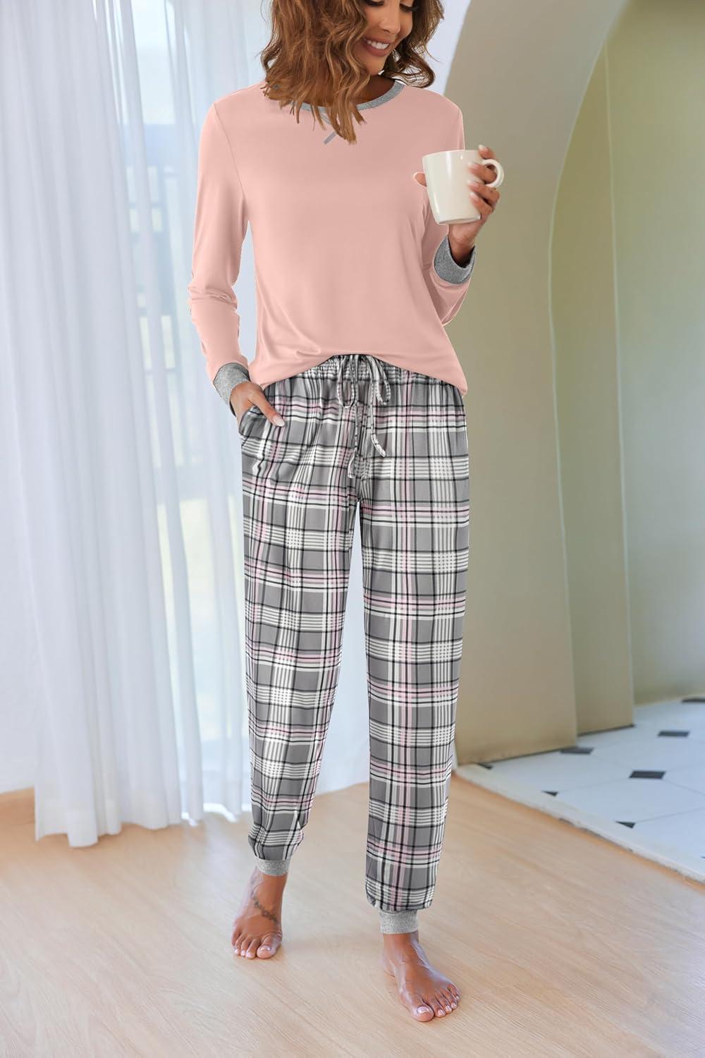 imageEkouaer Pajamas For Women Comfy Long Sleeve Jogger Set Lounge Pjs Set With PocketsPink Grey Plaid