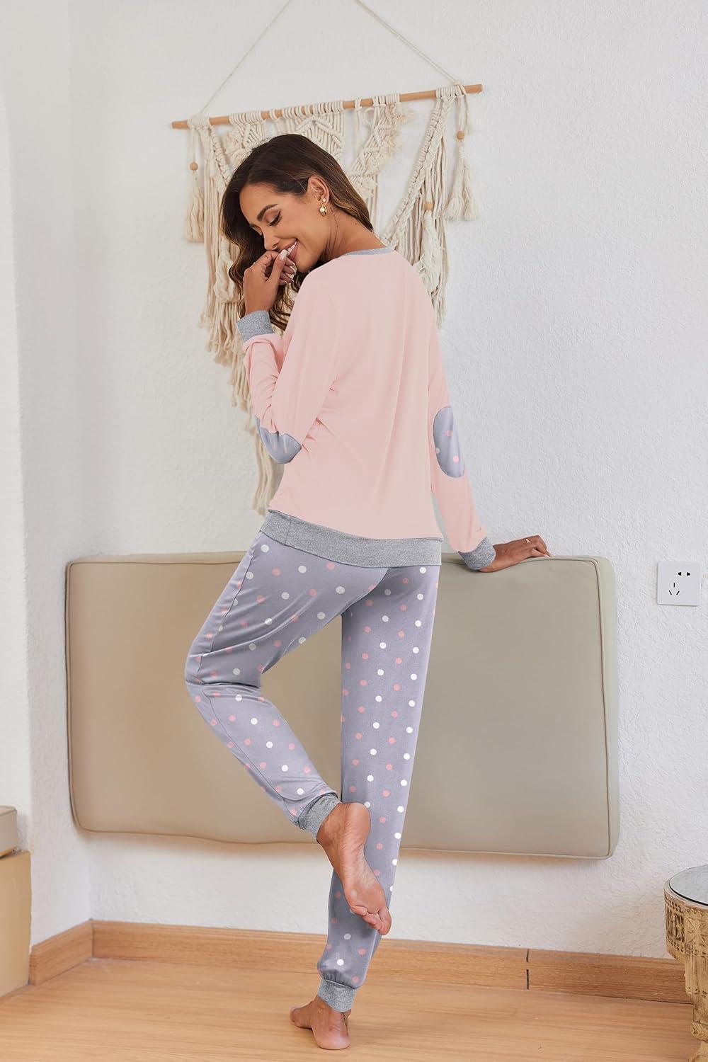 imageEkouaer Pajamas For Women Comfy Long Sleeve Jogger Set Lounge Pjs Set With PocketsPink Polka Dots