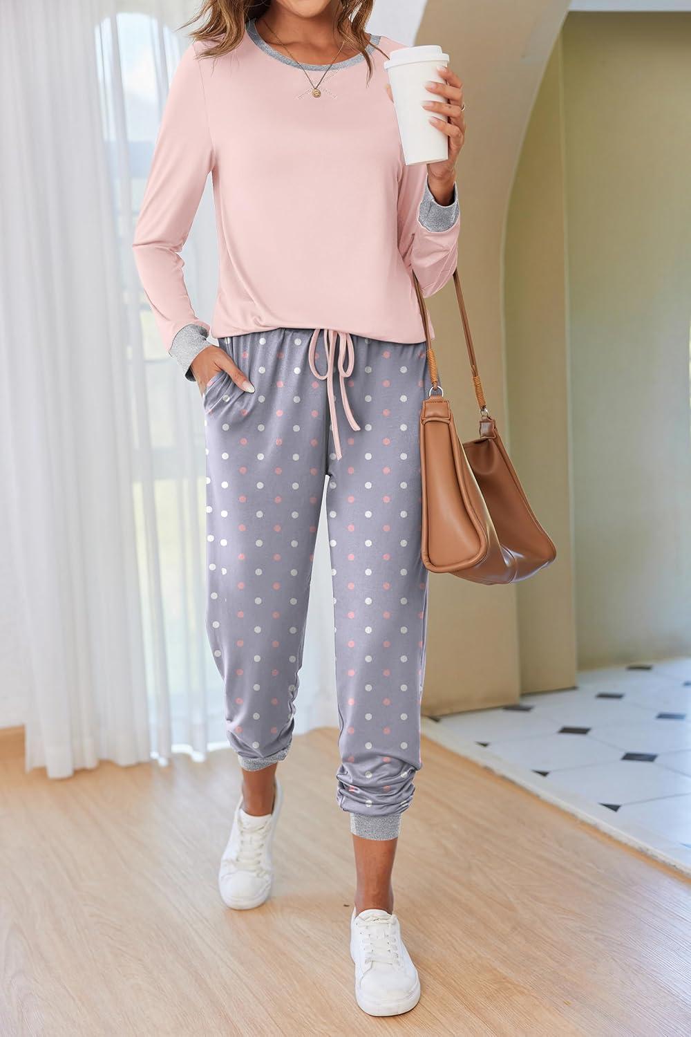 imageEkouaer Pajamas For Women Comfy Long Sleeve Jogger Set Lounge Pjs Set With PocketsPink Polka Dots