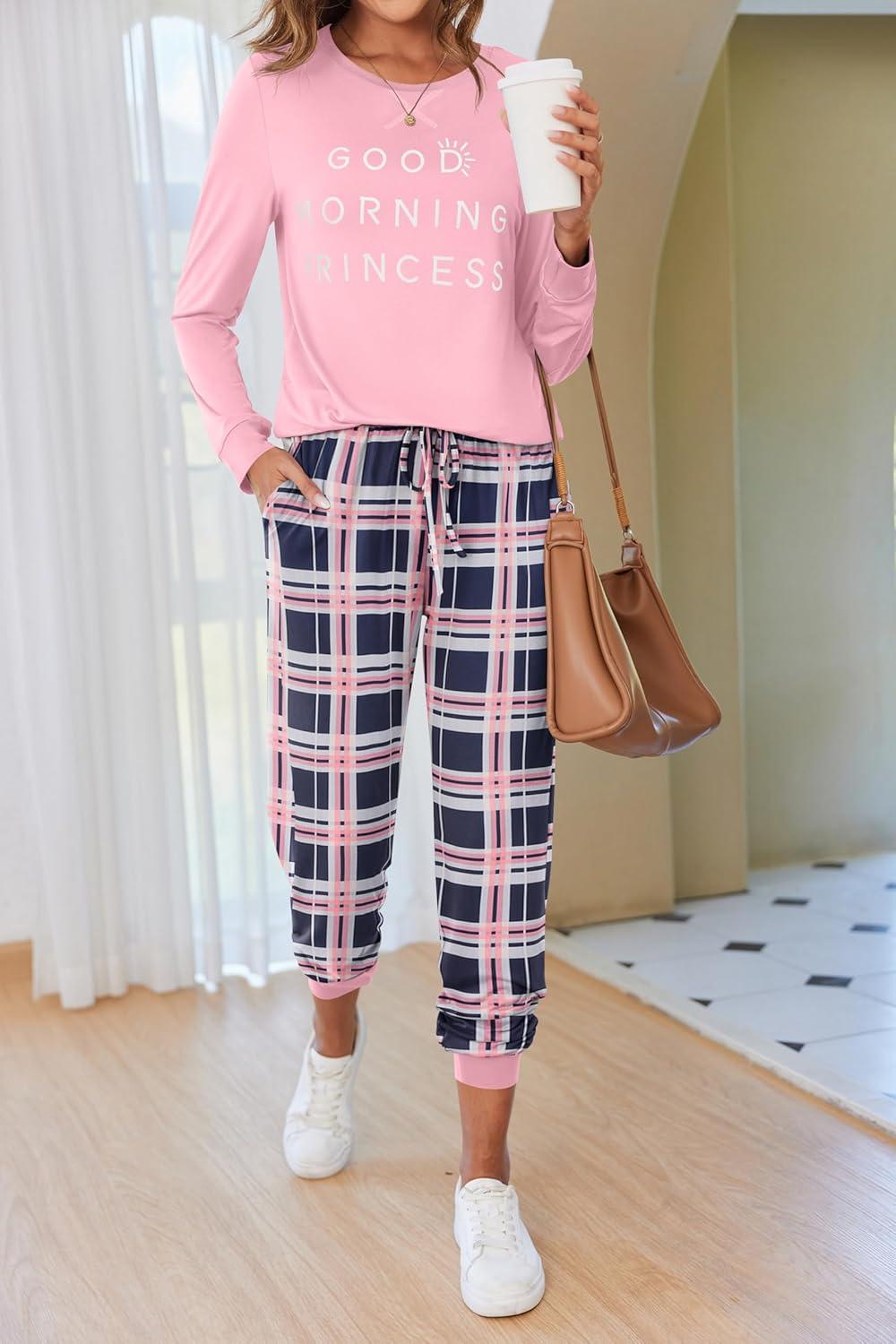 imageEkouaer Pajamas For Women Comfy Long Sleeve Jogger Set Lounge Pjs Set With PocketsPink Princess Plaid